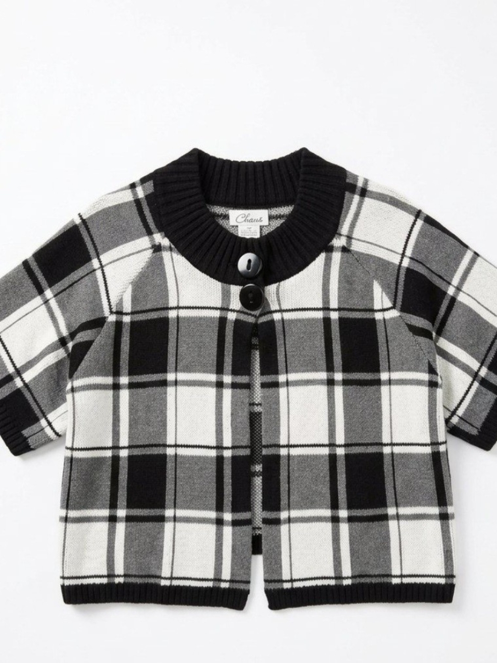 Women's Kids Black & White Plaid Short-Sleeve Cardigan